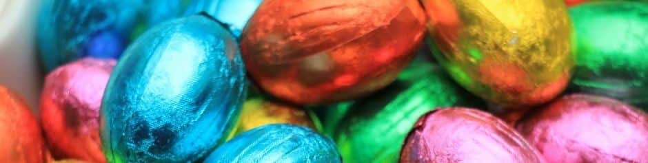 Colourful foil wrapped easter eggs with the words 'Easter Donations' across them