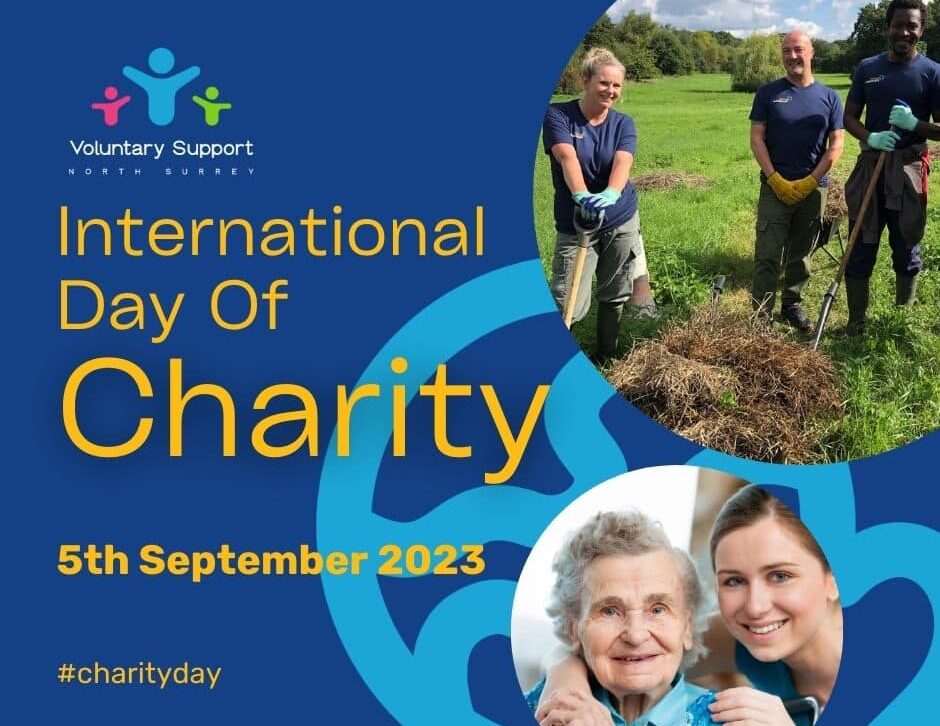 Celebrating International Day of Charity social media card with two photos of groups of people