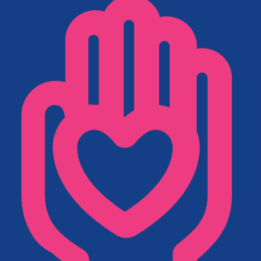 Blue box with pink hand with pink heart on the palm