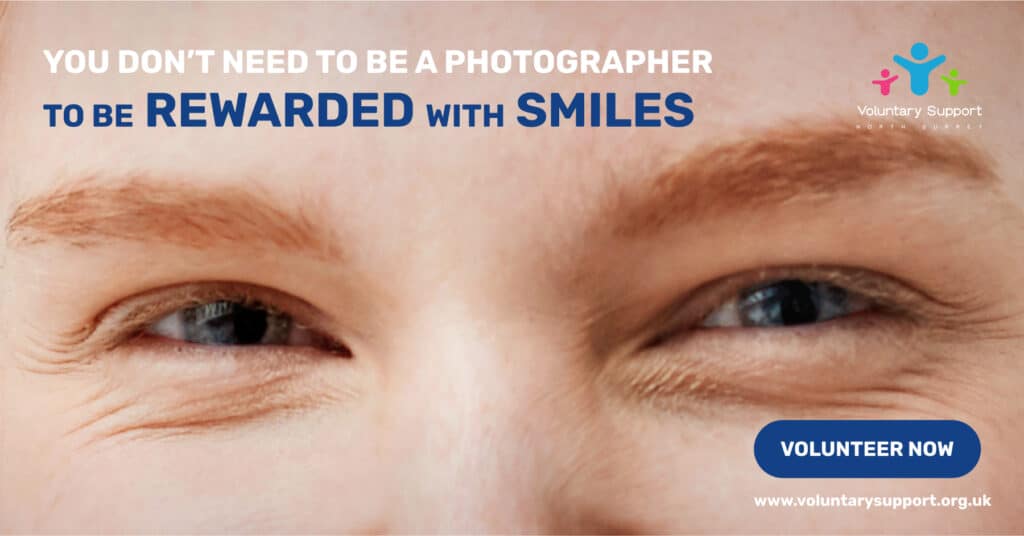 Someone's smiling eyes with the words "You don't need to be a photographer to be rewarded with smiles"